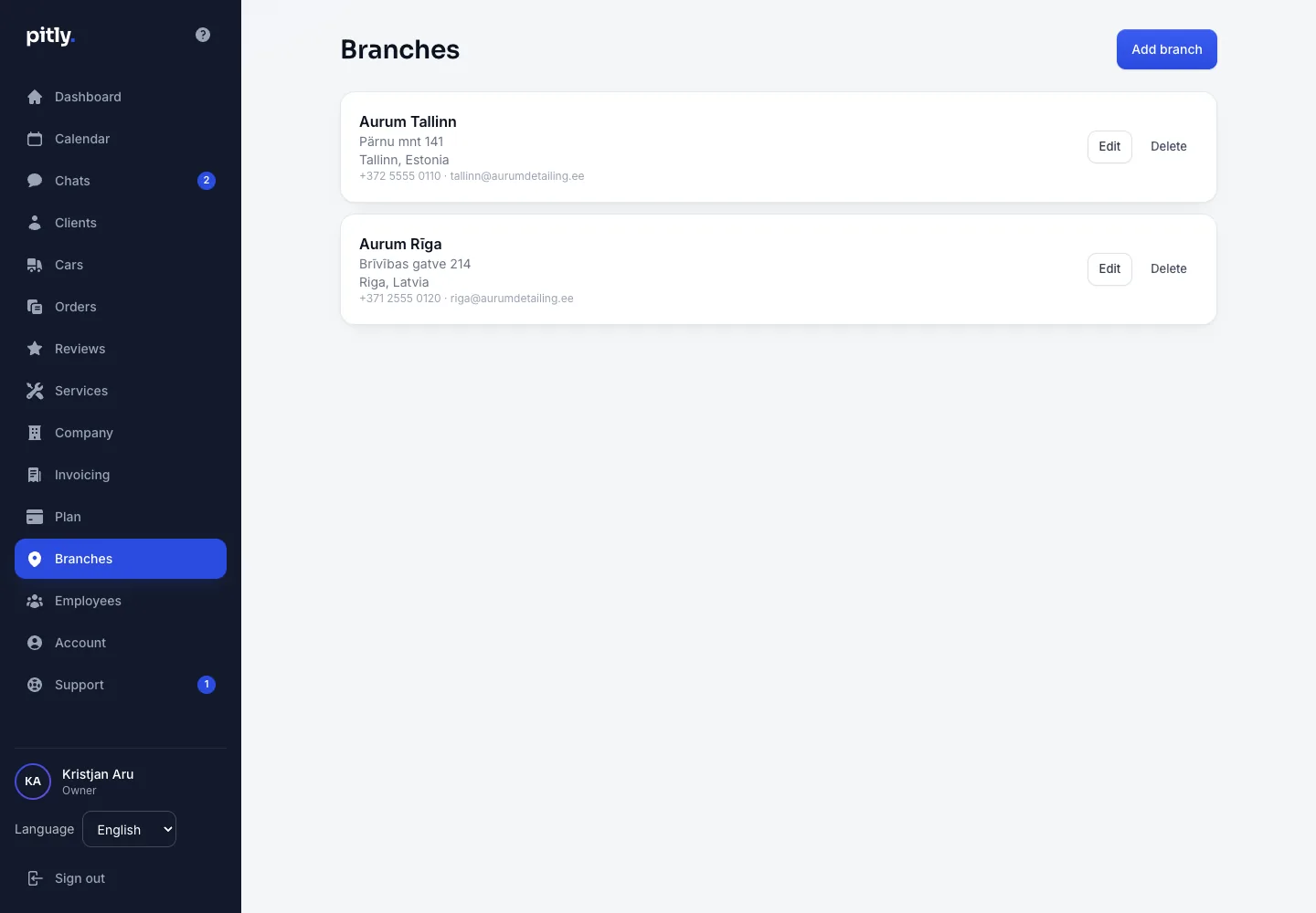 Branch list with addresses and working hours