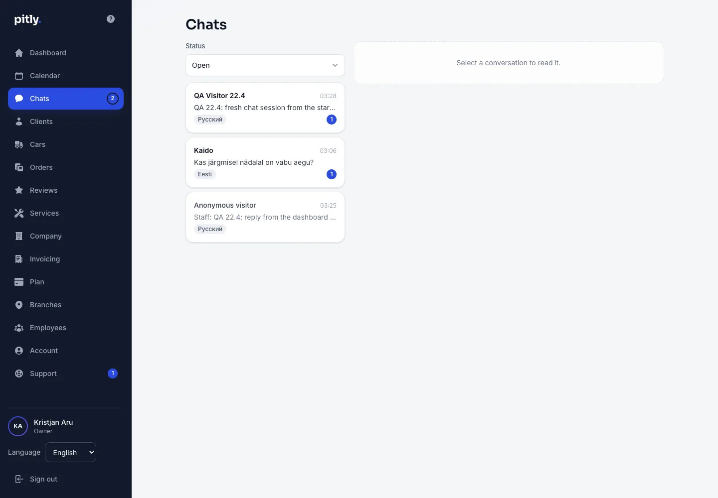 The Chats section: conversation list and the selected thread