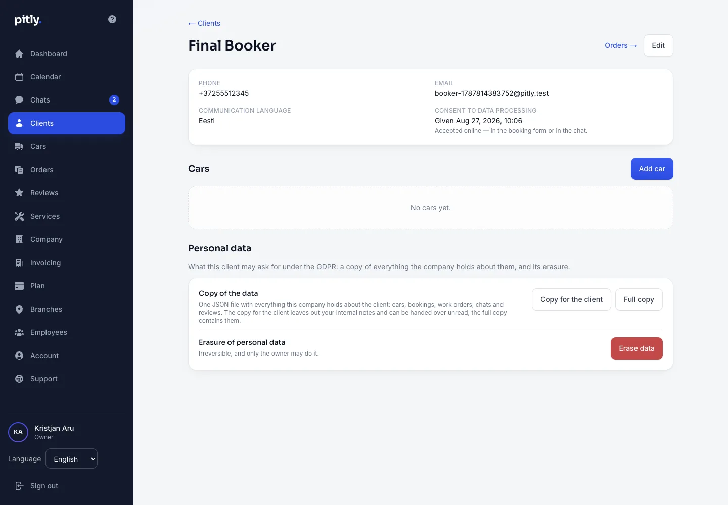 Client card with the Personal data block: consent, data copy, erasure