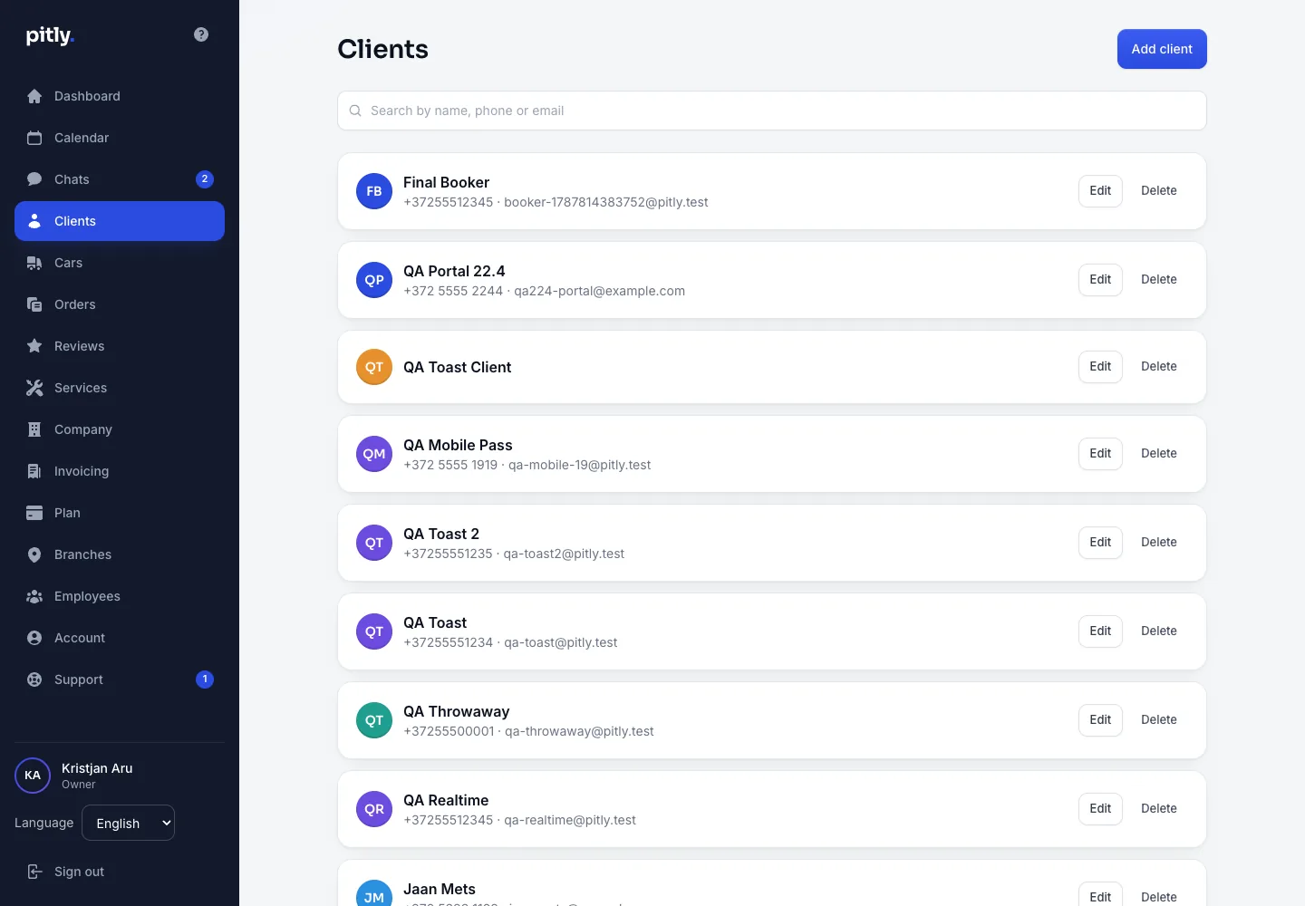 Client list with search by name, phone or e-mail
