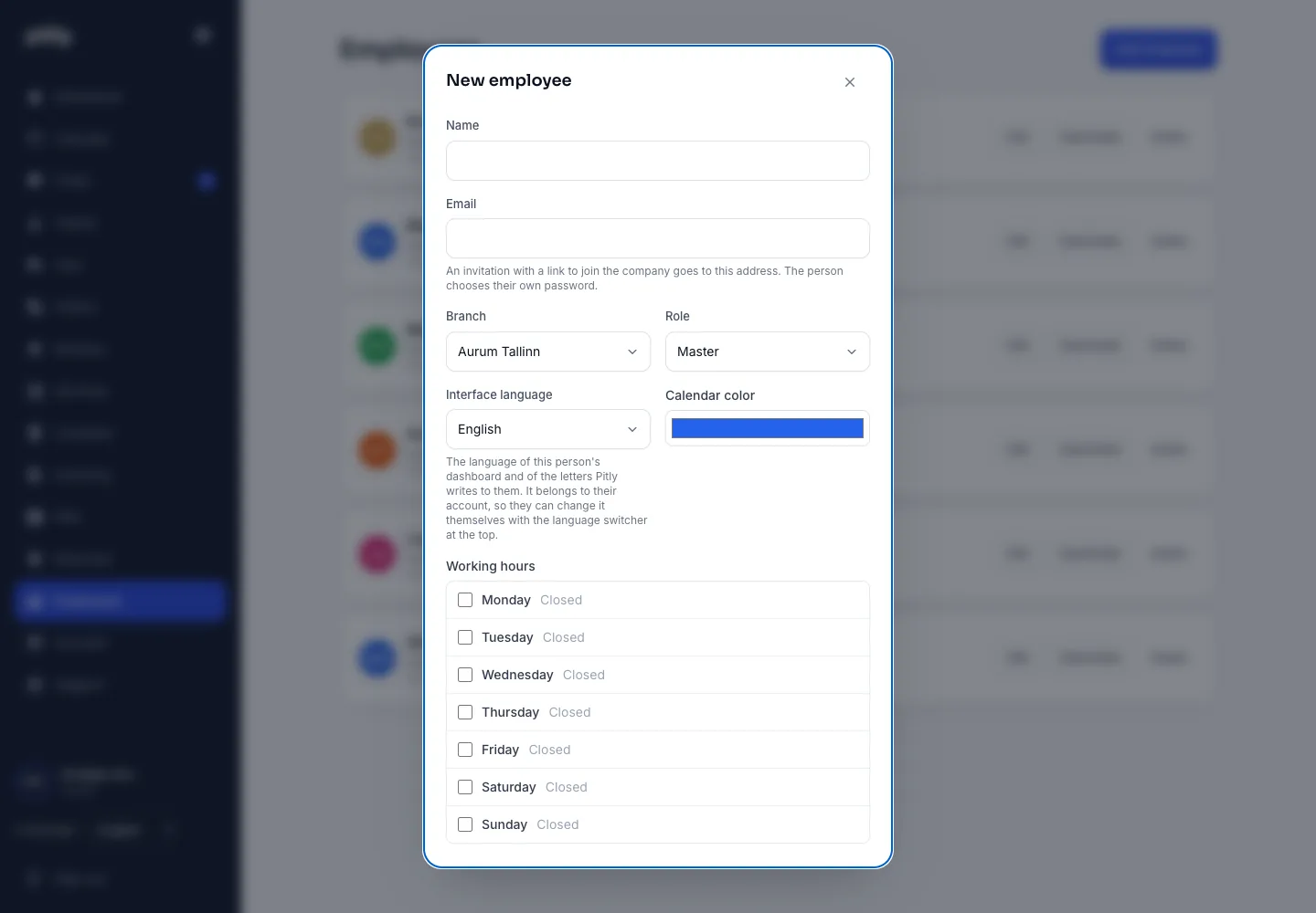 New employee form: name, e-mail, branch, role, colour, language, working hours