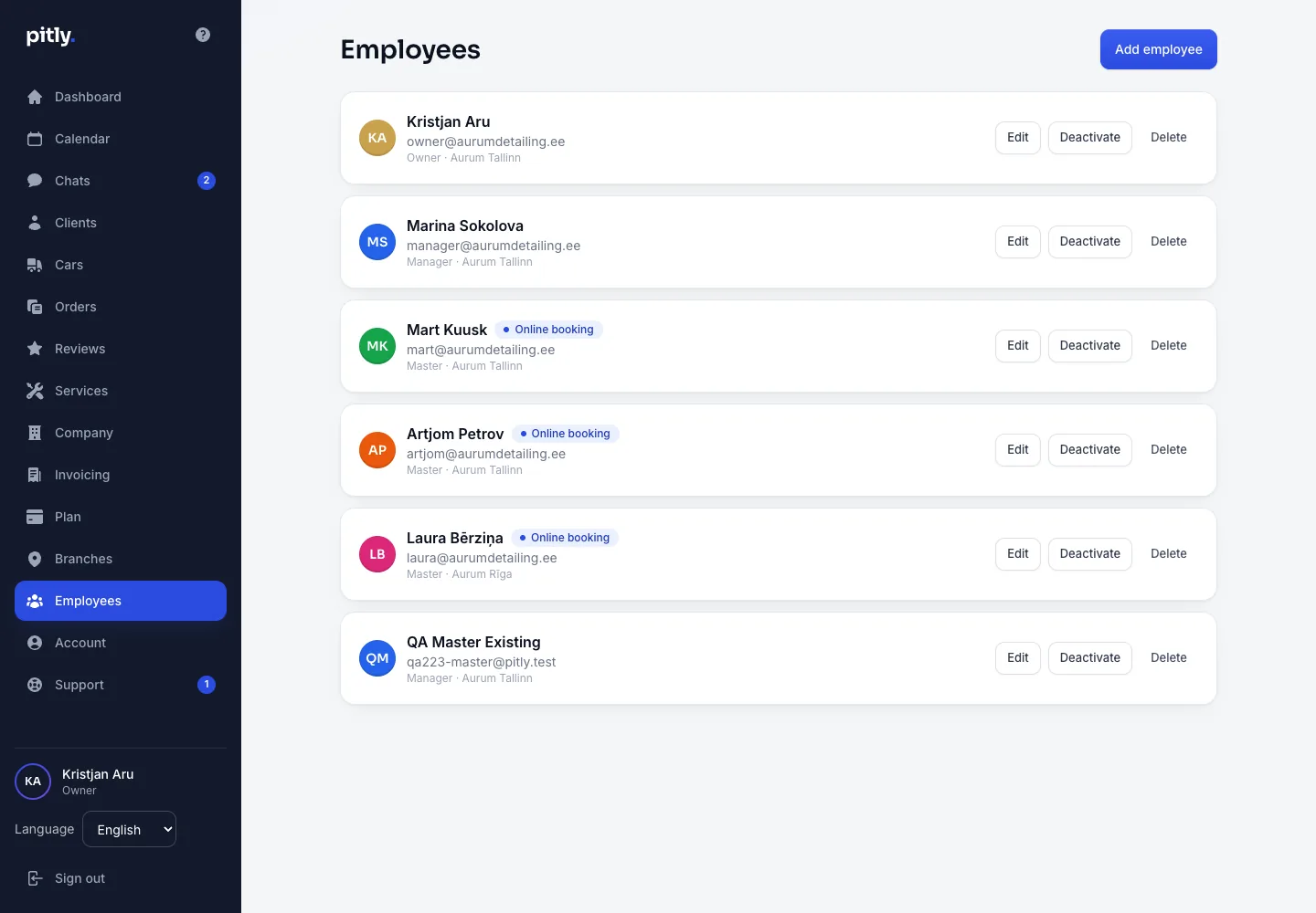 Employee list with roles, branches and calendar colours