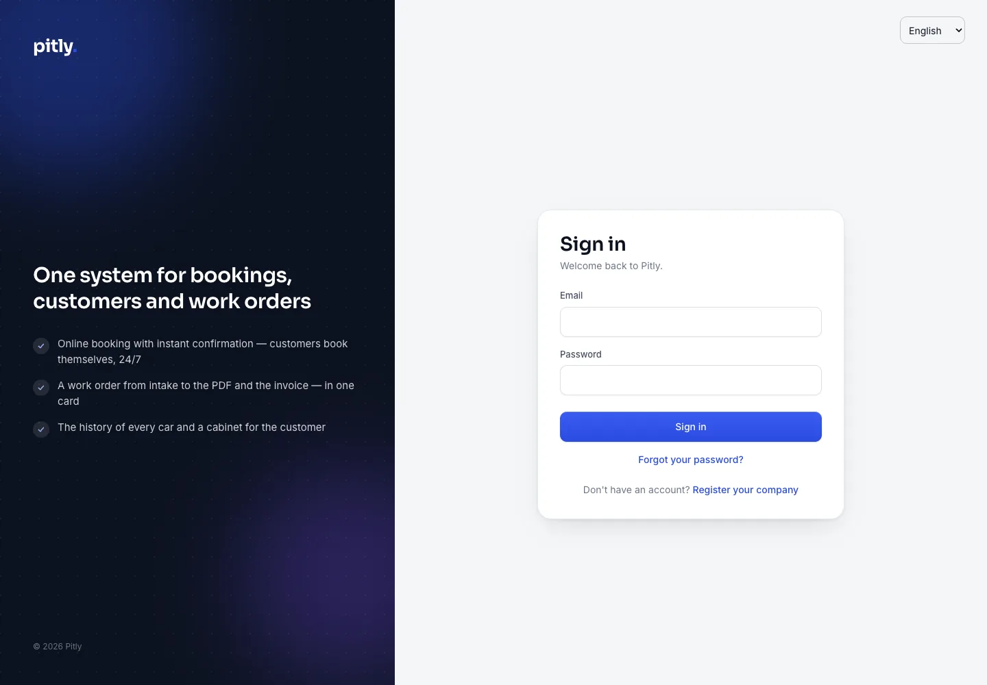 Dashboard sign-in screen: e-mail and password