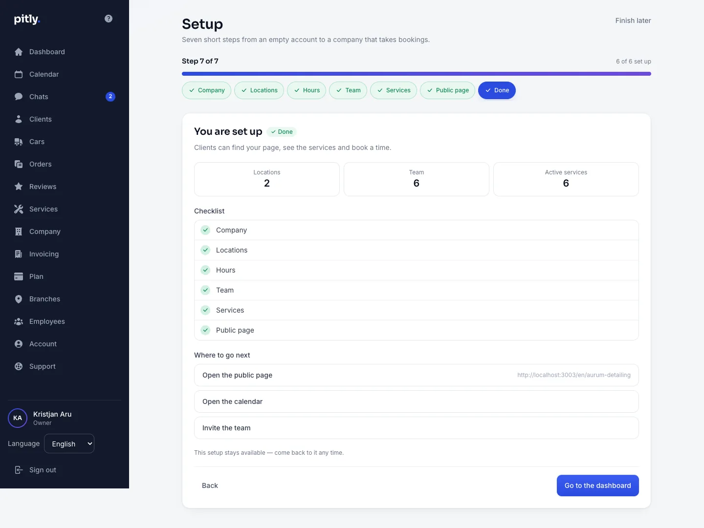 Company setup screen: progress by step and the current step's form