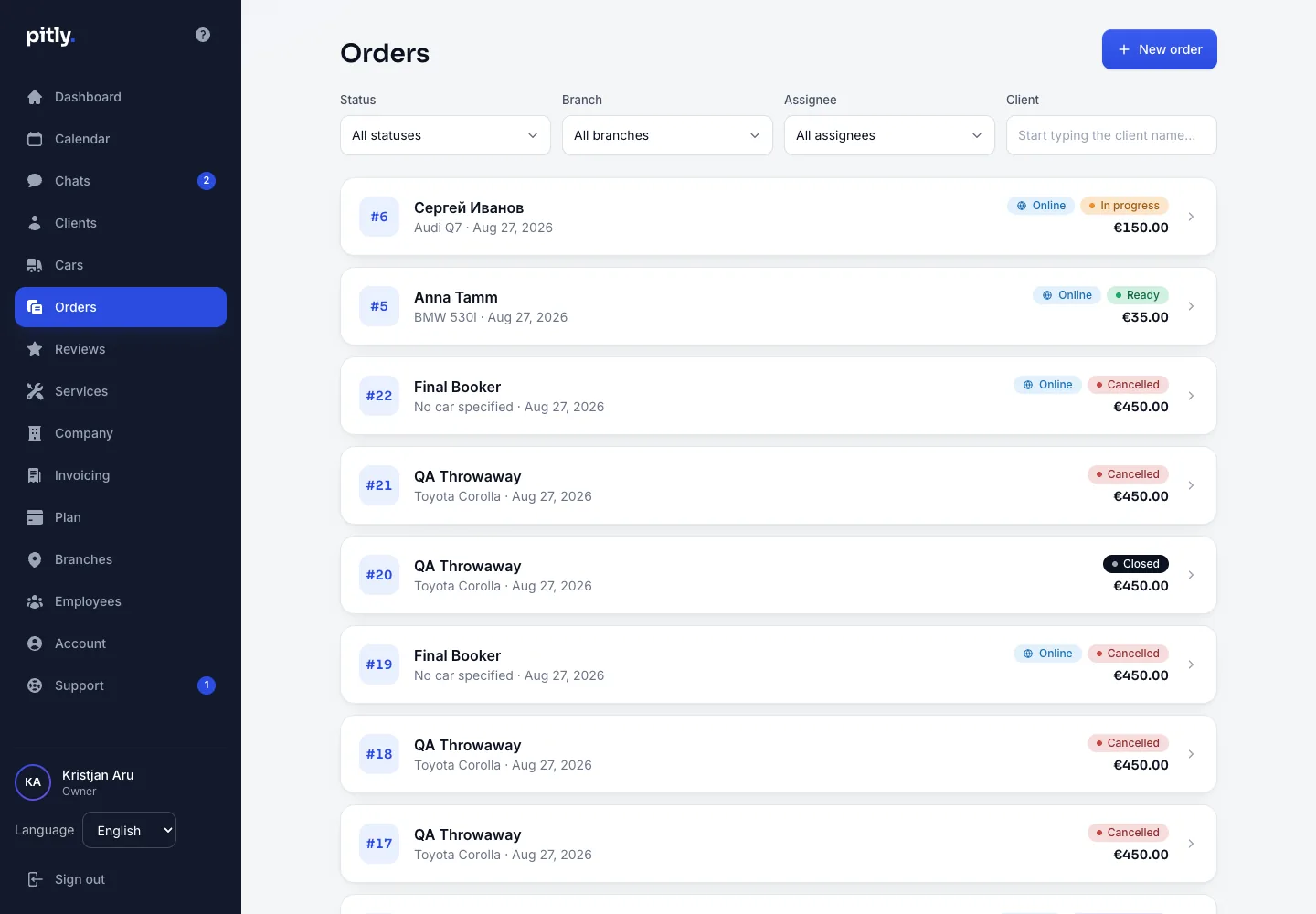 Order list with filters by status, branch and assignee