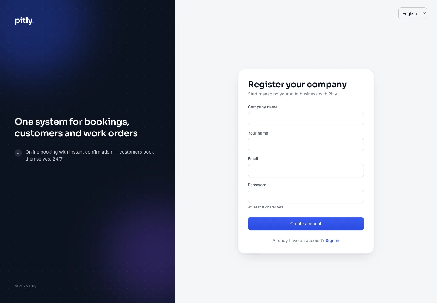 Company registration form: name, your name, e-mail and password