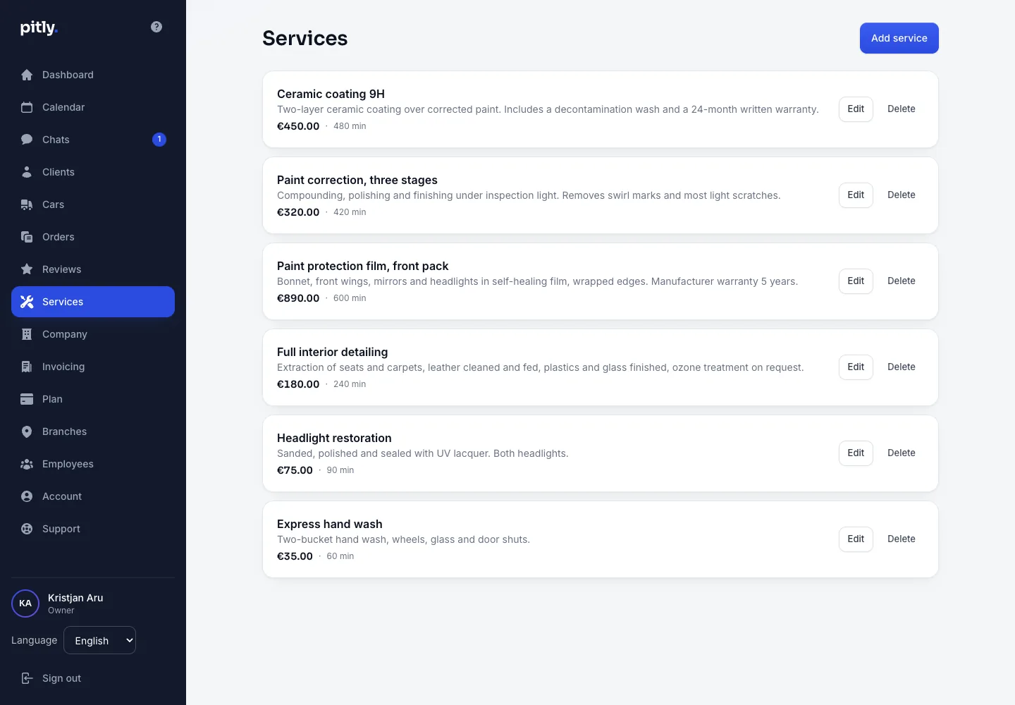Service list with prices, durations and filled-in languages