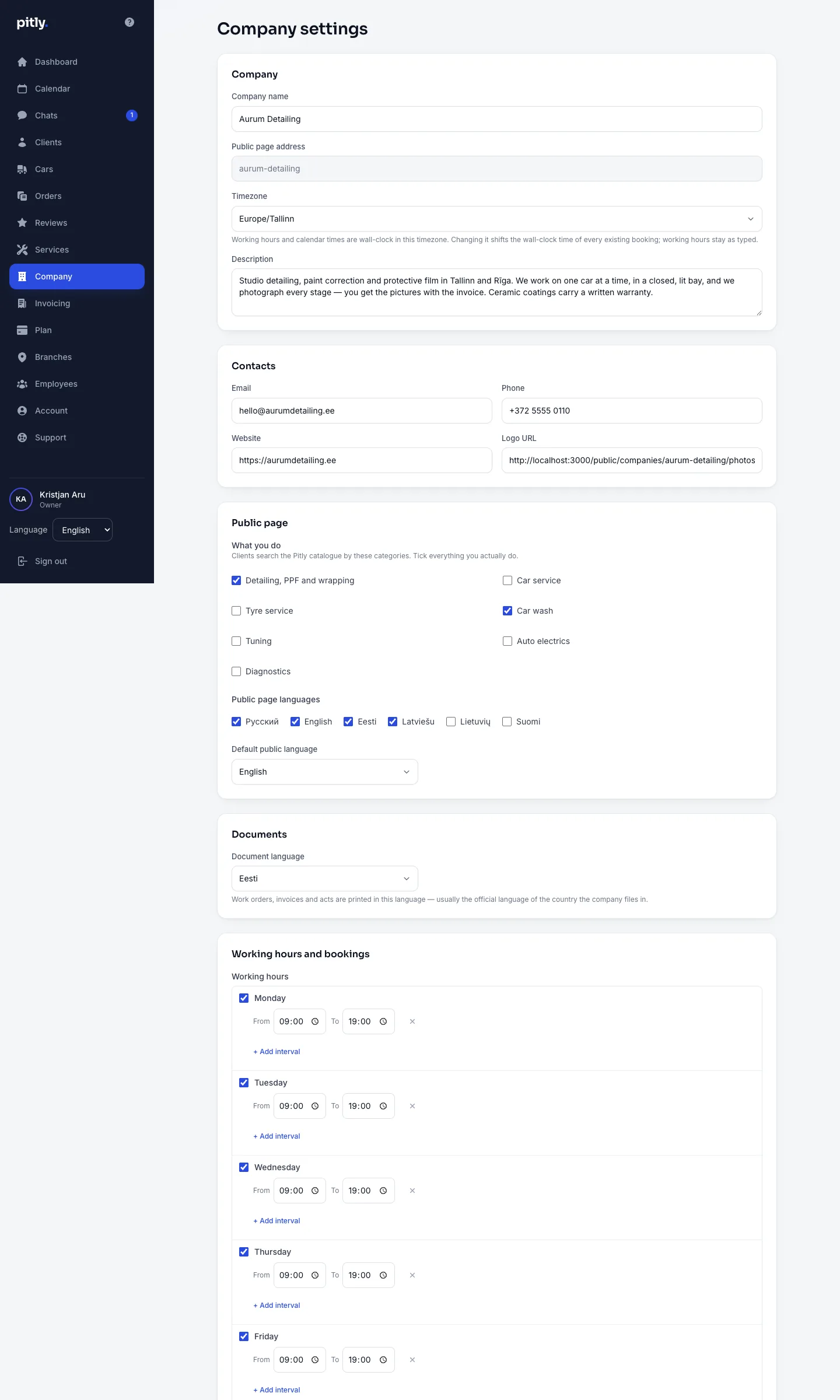 Company settings: details, contacts, public page, photos, working hours