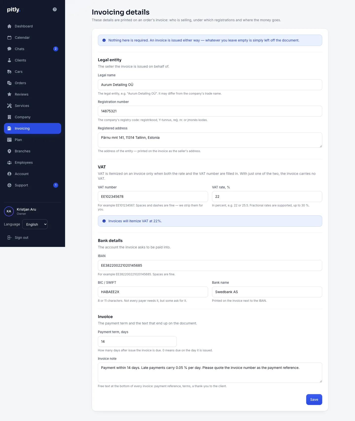 The Invoice details section with the company's billing data