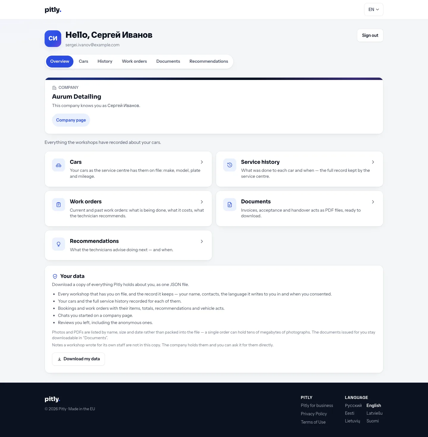 Client account overview: services, cars and latest events