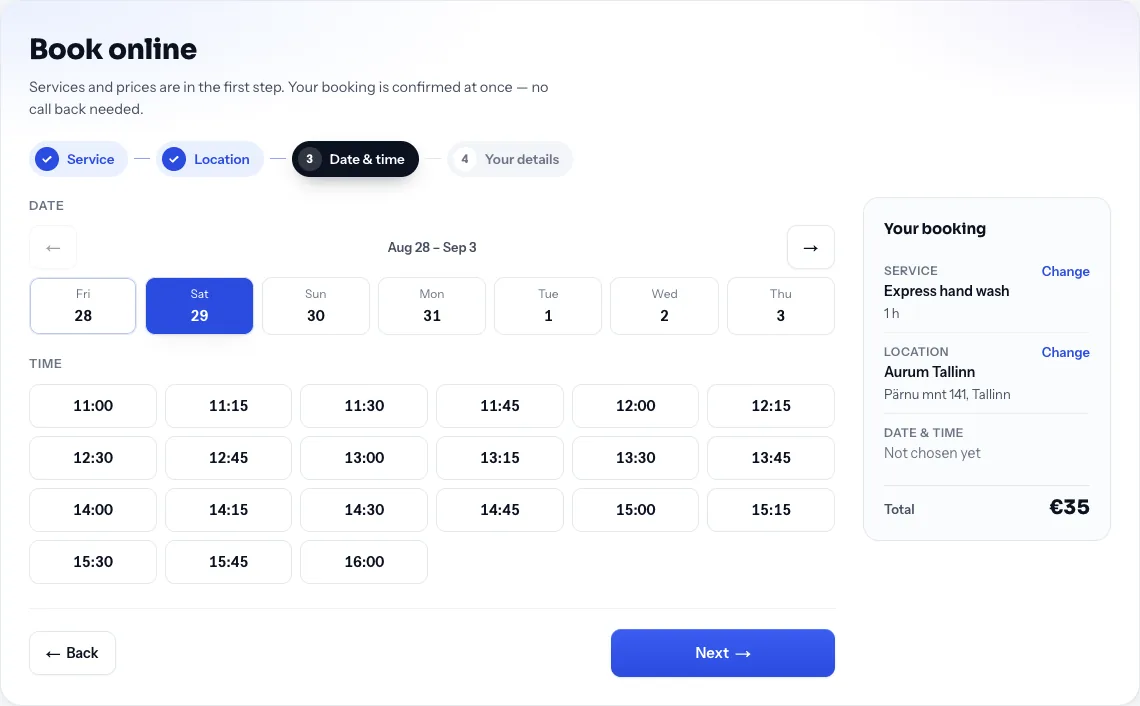 Online booking wizard: the Service and Location steps are done, the Date & time step is open, the Your booking panel on the right