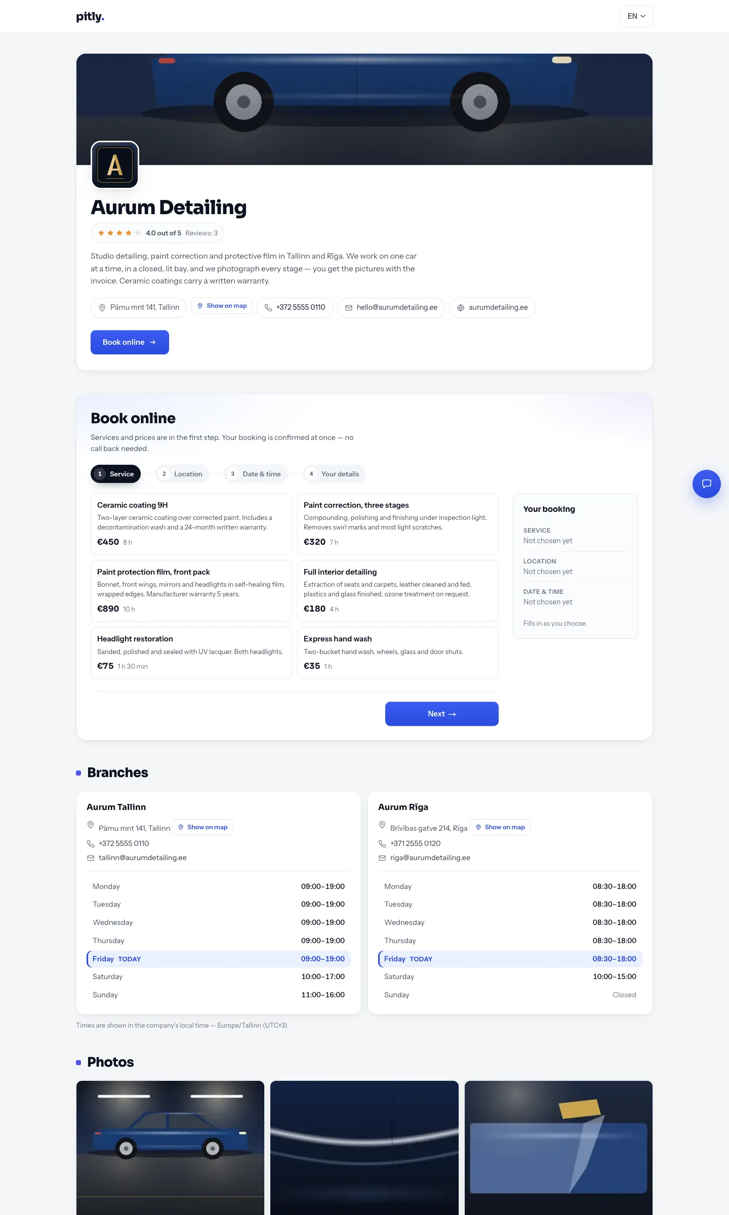 Company public page: description, photos, contacts, services with prices, reviews and the booking button