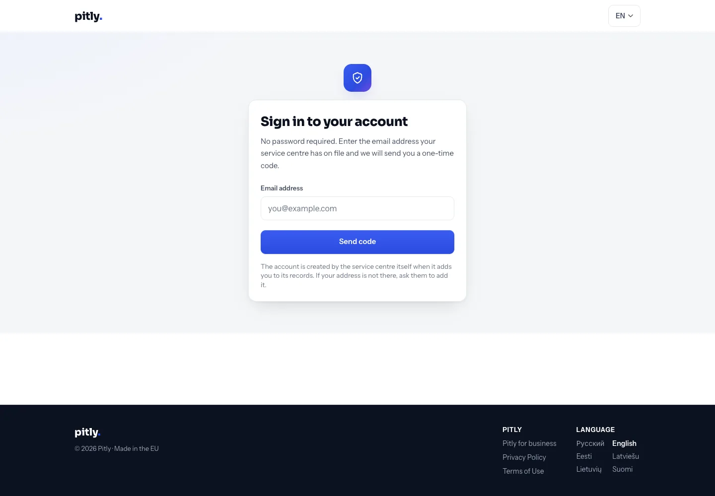 Client account sign-in screen: e-mail field and the Send code button