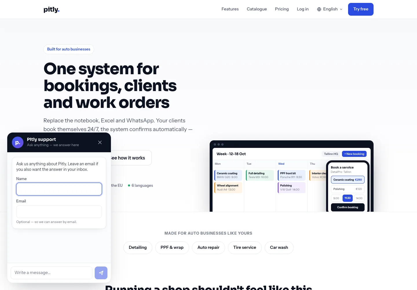 The support chat panel open on the site home page