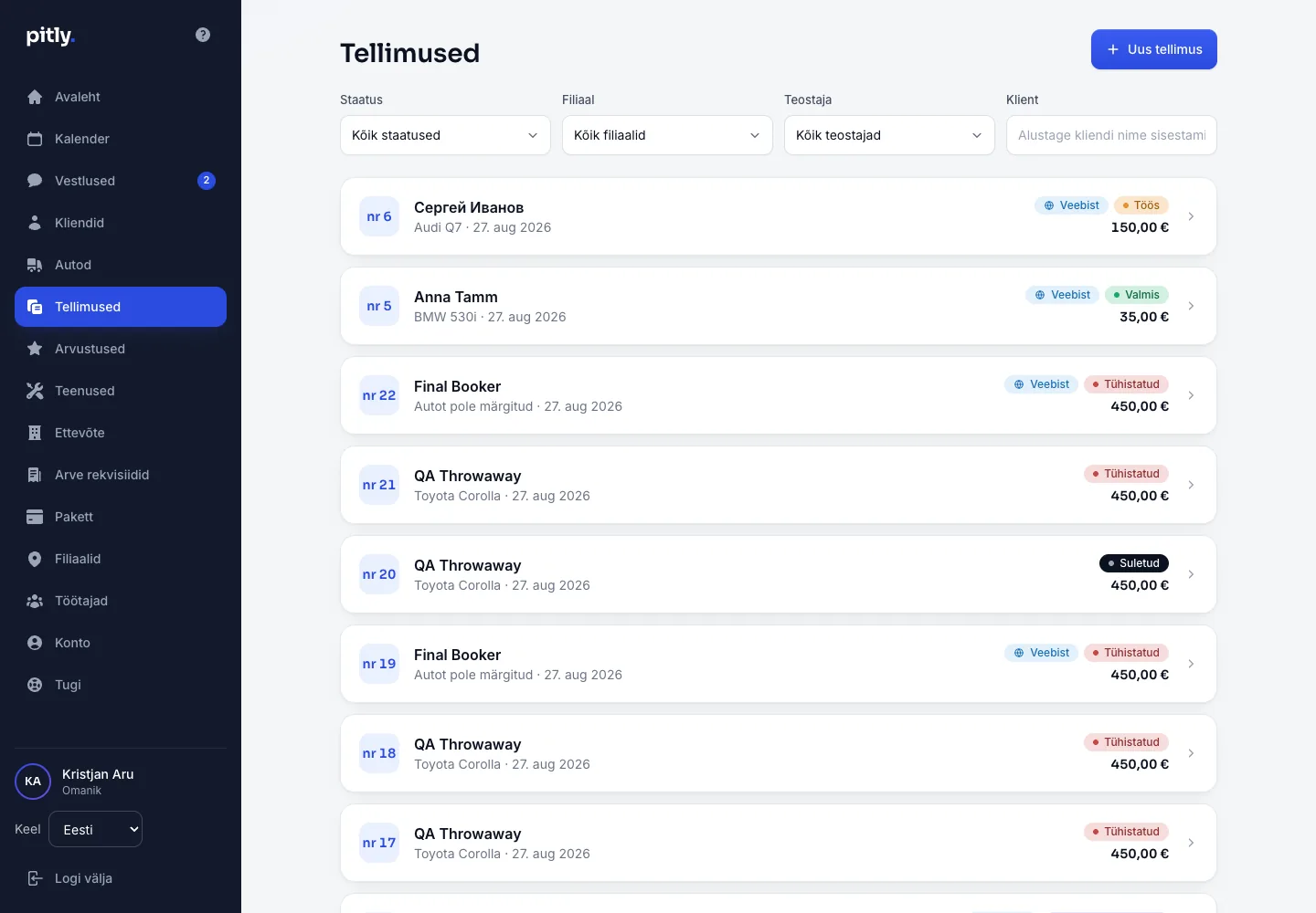 Tellimuste nimekiri filtritega oleku, filiaali ja teostaja järgi