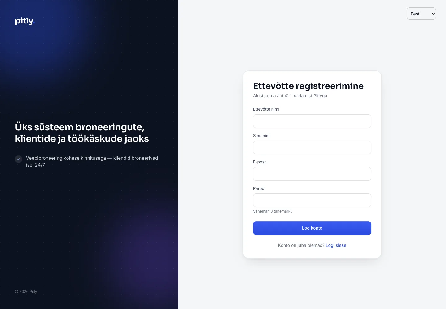 Ettevõtte registreerimisvorm: nimi, omaniku nimi, e-post ja parool