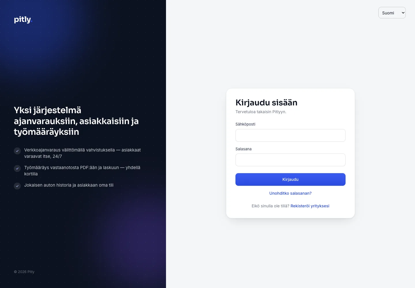 Työpöydän kirjautumisnäyttö: sähköposti ja salasana