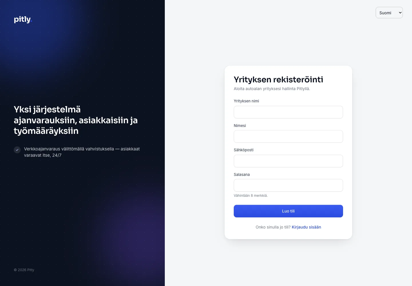 Yrityksen rekisteröintilomake: nimi, omistajan nimi, sähköposti ja salasana