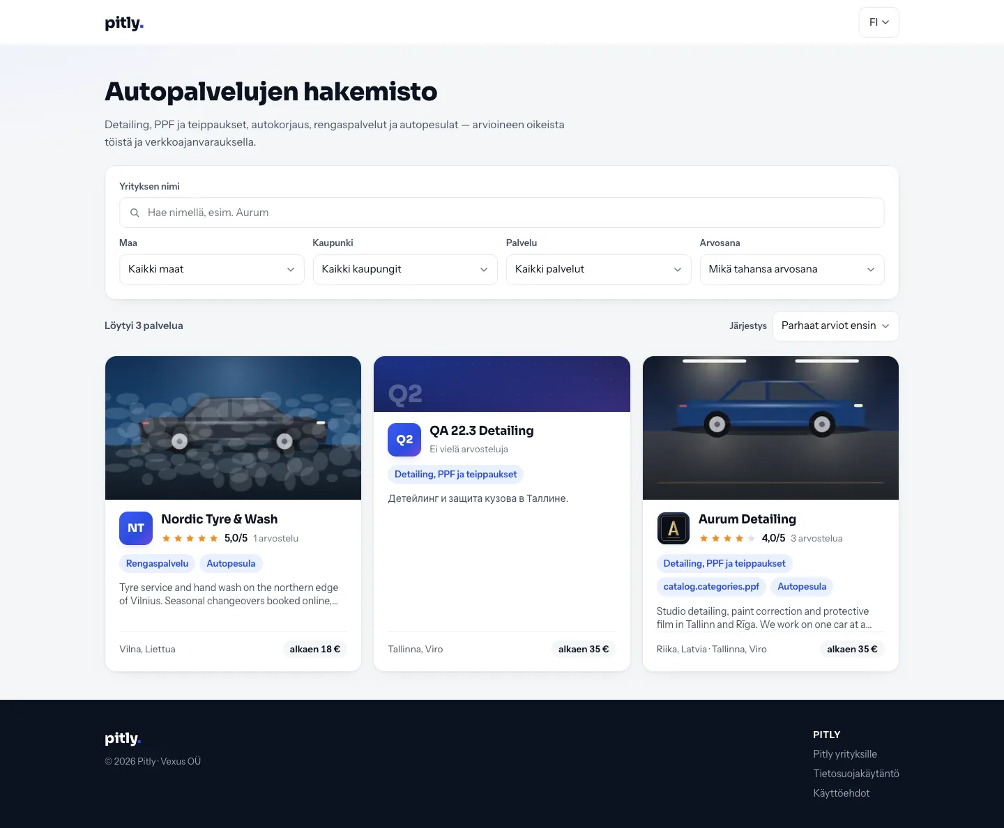 Autopalveluhakemisto suodattimineen maan, kaupungin, palvelun ja arvosanan mukaan