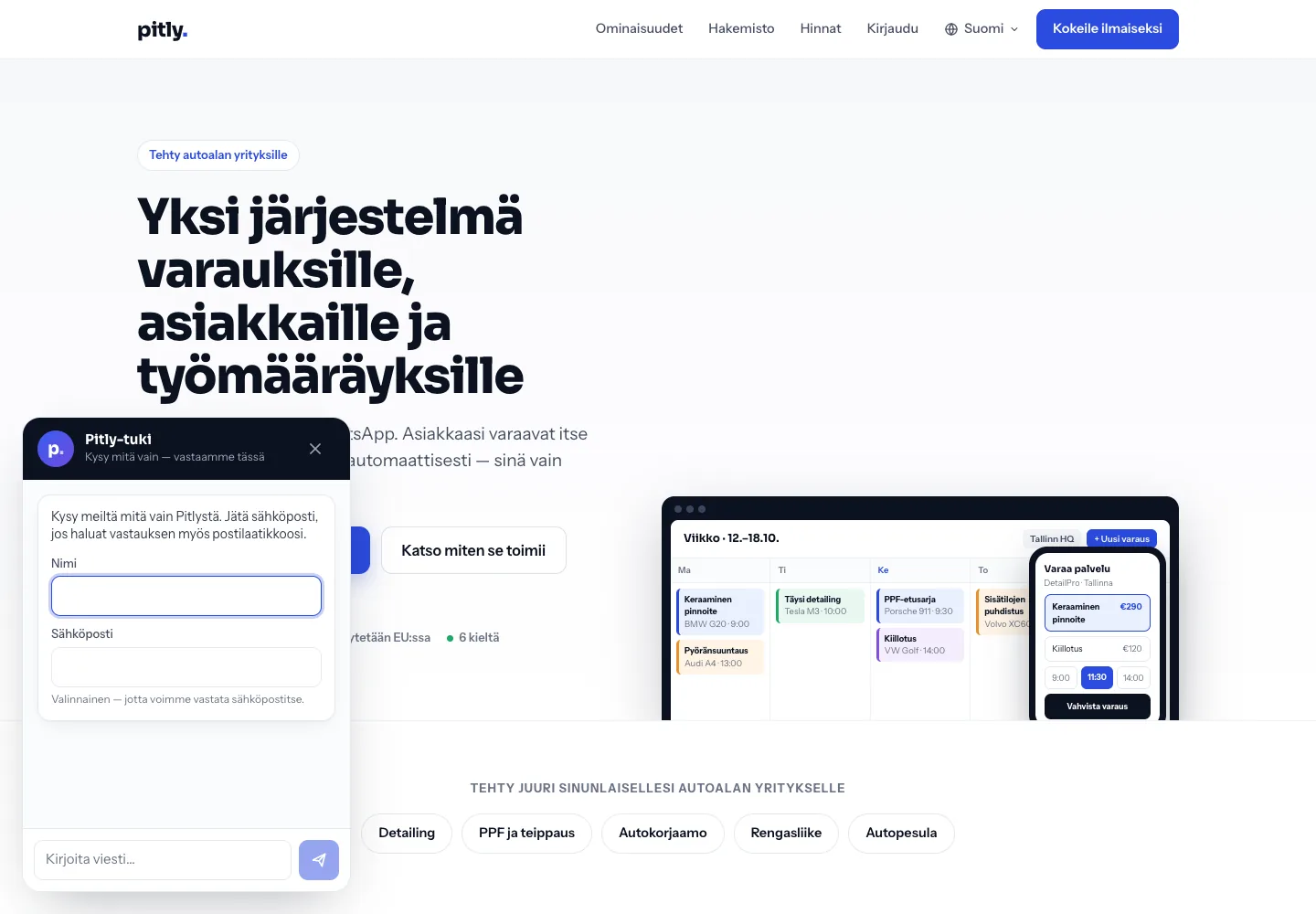 Avattu tukichatin paneeli sivuston etusivulla