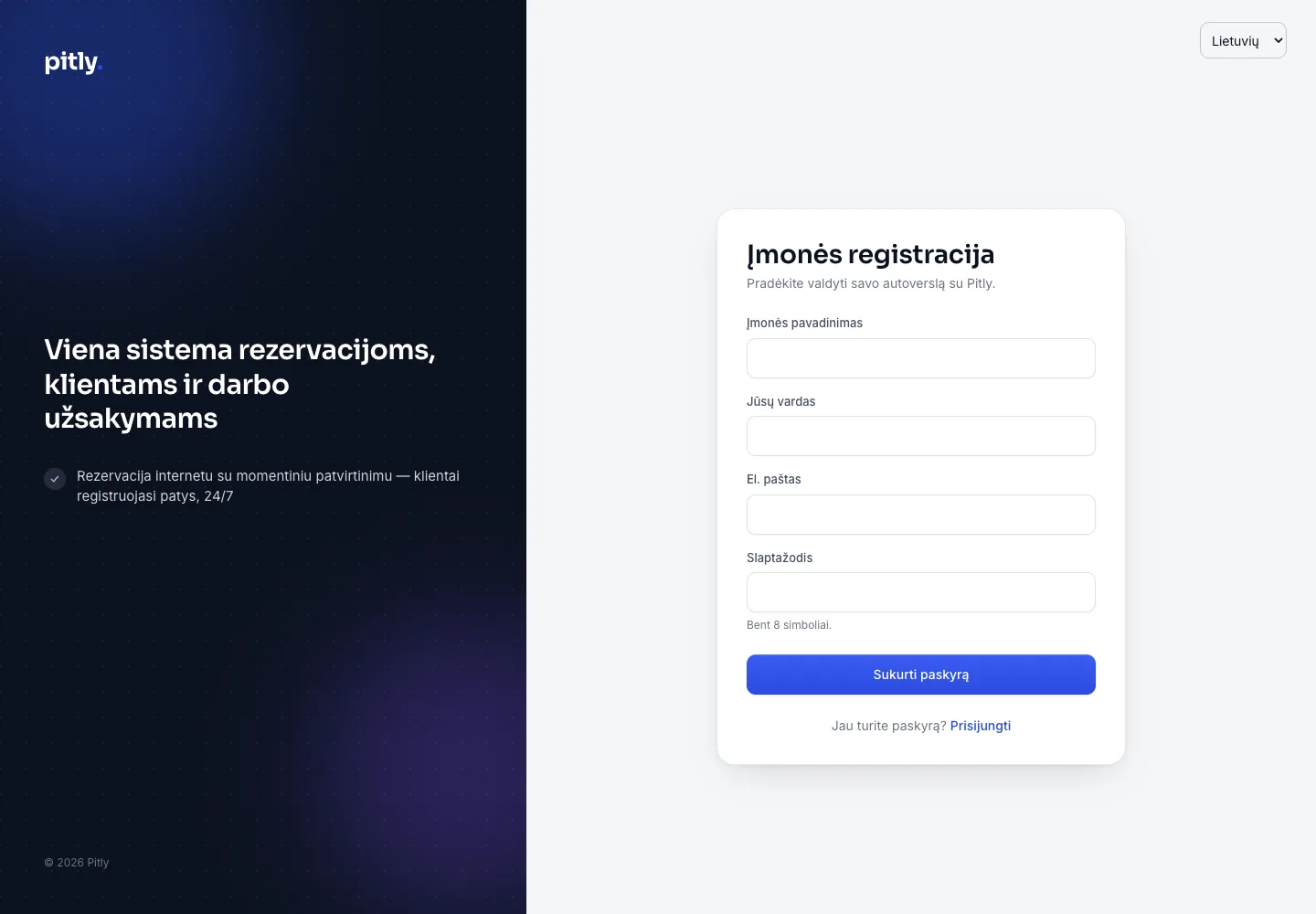 Įmonės registracijos forma: pavadinimas, vardas, el. paštas ir slaptažodis