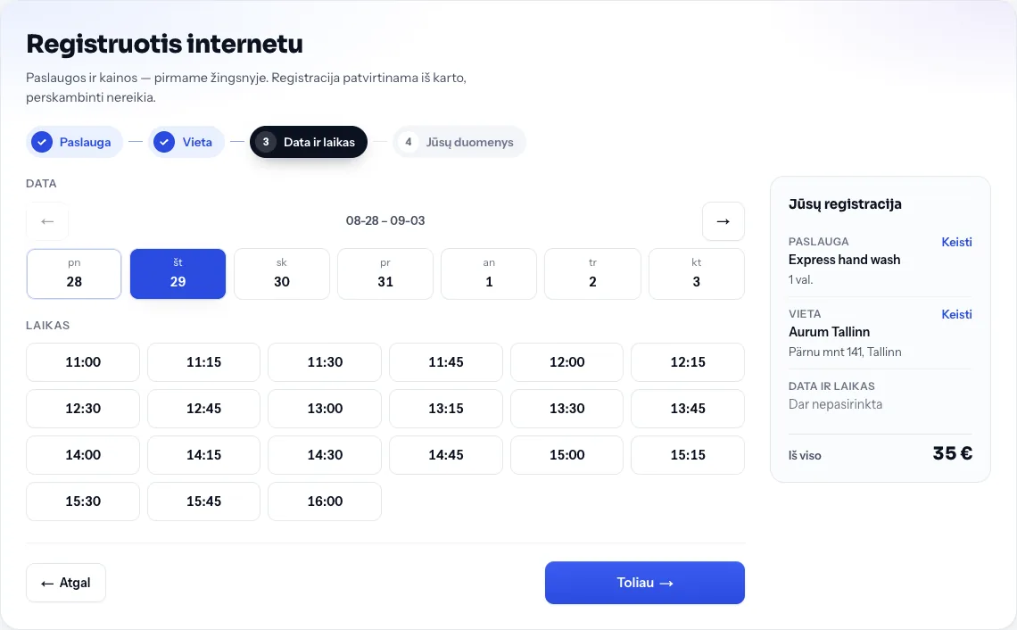 Registracijos internetu vedlys: žingsniai „Paslauga“ ir „Vieta“ atlikti, atvertas žingsnis „Data ir laikas“, dešinėje skydelis „Jūsų registracija“