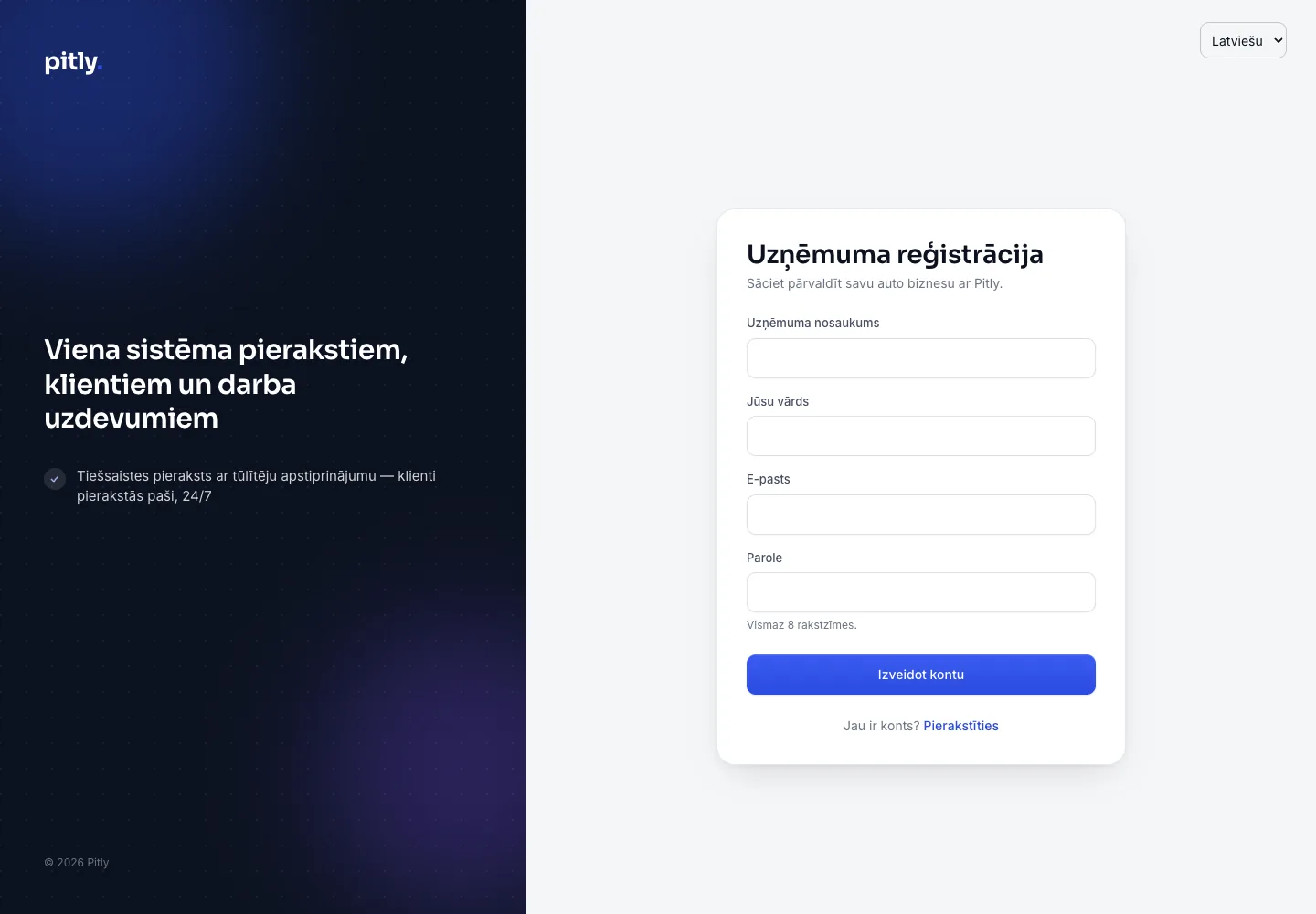 Uzņēmuma reģistrācijas forma: nosaukums, vārds, e-pasts un parole