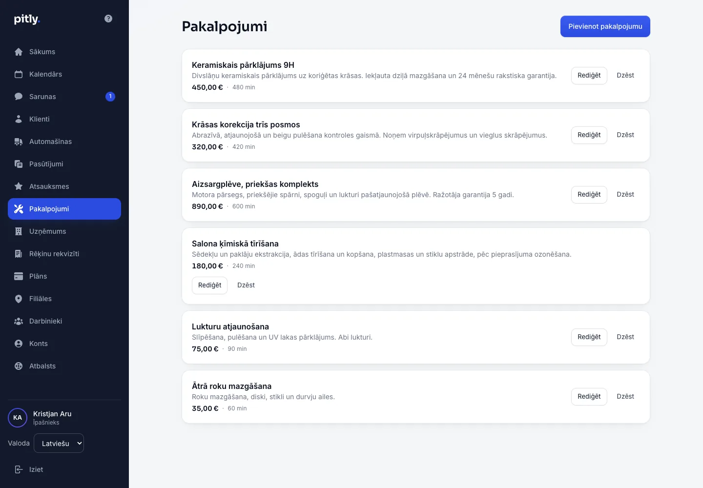 Pakalpojumu saraksts ar cenām, ilgumu un aizpildītajām valodām